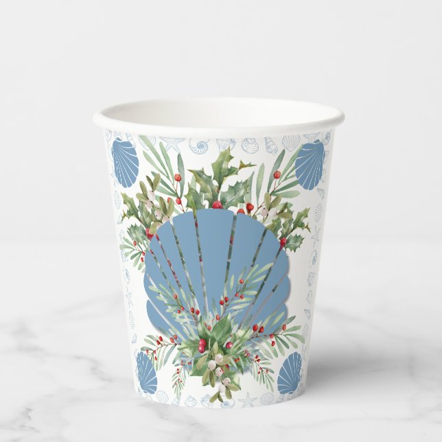 Blue Seashell Coastal Christmas Paper Cups (Front)