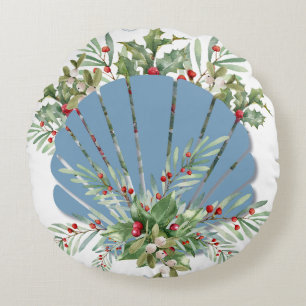 Blue Seashell Coastal Christmas Round Cushion