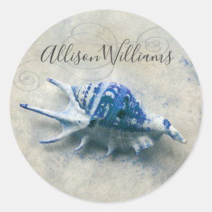 Blue Seashell Coastal Monogrammed Modern Script Classic Round Sticker