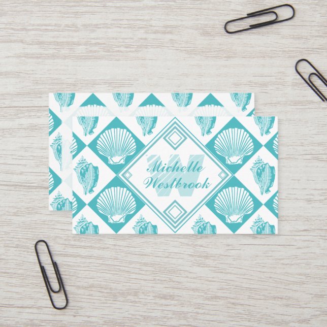 Blue Seashell Diamond Nautical Beach Monogram Business Card (Front/Back In Situ)