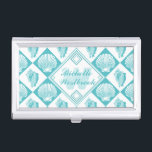 Blue Seashell Diamond Nautical Beach Monogram Business Card Holder<br><div class="desc">This pretty, blue and white seashell pattern conjures up images of the beach and summer. There are two varieties of shells in the design, on alternating blue and white diamonds, and a central diamond shape where you can add a monogram and name or other text. Perfect for nautical / beach...</div>