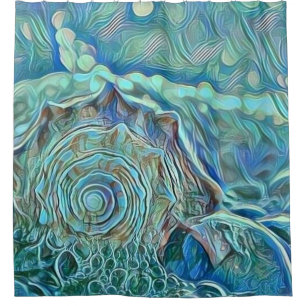 Blue seashell in the foaming sea painting shower curtain