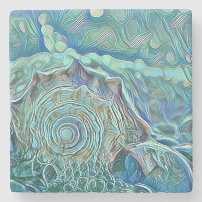 Blue seashell in the foaming sea painting  stone coaster (Front)