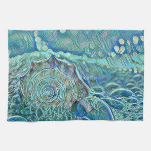 Blue seashell in the foaming sea painting tea towel