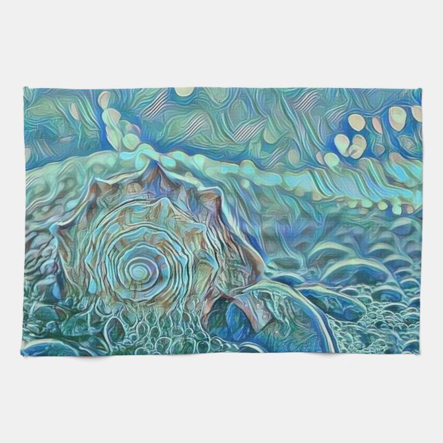 Blue seashell in the foaming sea painting  tea towel (Horizontal)