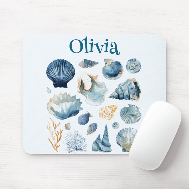 Blue Seashell Mouse Pad | Custom Name (With Mouse)