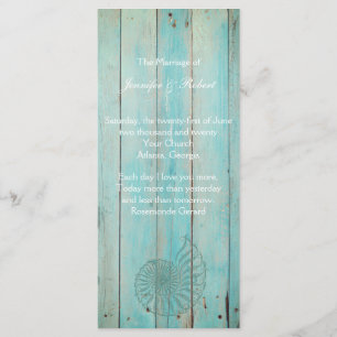Blue Seashell on Wood Beach Wedding Program