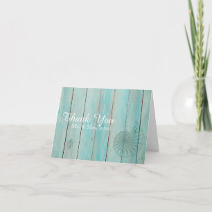 Blue Seashell on Wood Beach Wedding Thank You Card