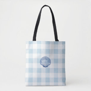 Blue Seashell Painting Nautical Blue Gingham Tote Bag