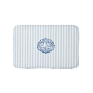 Blue Seashell Painting Nautical Blue Stripe  Bath Mat