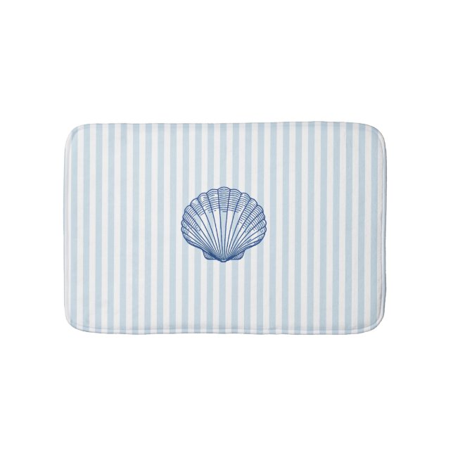 Blue Seashell Painting Nautical Blue Stripe  Bath Mat (Front)