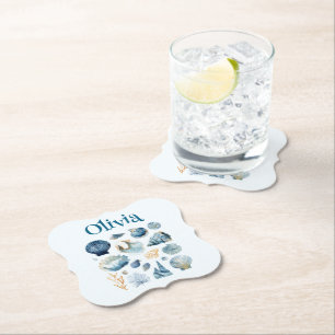 Blue Seashell Paper Coaster – Custom Name