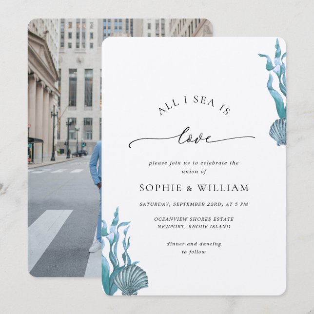 Blue Seashell Sea Ocean Nautical Coastal Wedding Invitation (Front/Back)