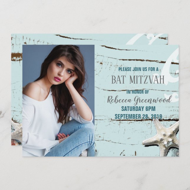 blue seashell starfish beach BAT MITZVAH photo Invitation (Front/Back)