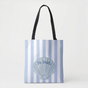 Blue Seashell &  Stripes Tote Bag