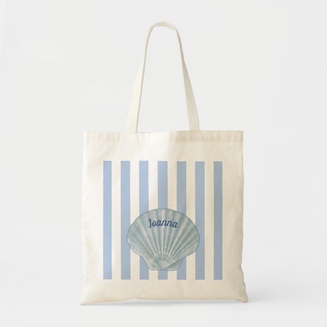 Blue Seashell &  Stripes Tote Bag (Front)