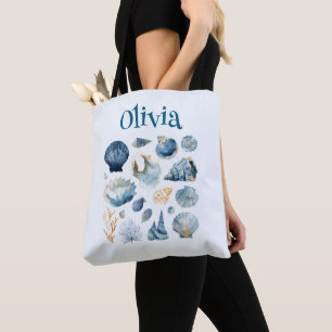 Blue Seashell Tote Bag – Custom Name