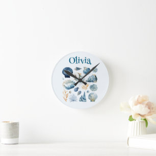 Blue Seashell Wall Clock   Custom Name