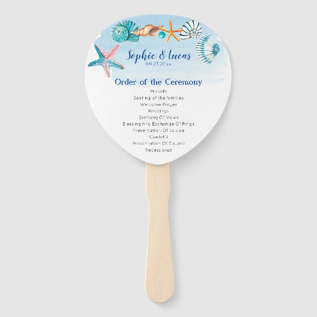 Blue Seashell Watercolor Theme Wedding Program  Hand Fan (Front)