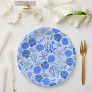 Blue Seashells and Coral Pattern Beach Paper Plate