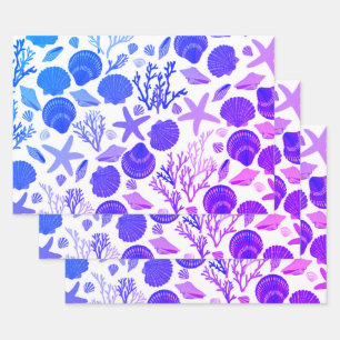 Blue Seashells and Coral Pattern Seaside Gift Wrapping Paper Sheet