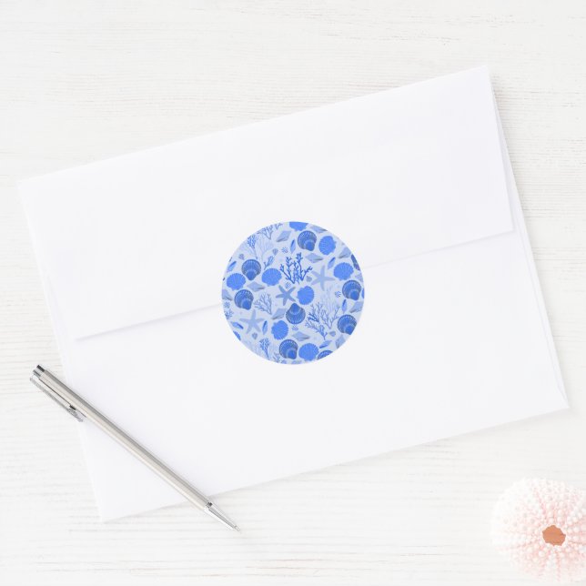 Blue Seashells Beach Colourful Cute Custom  Classic Round Sticker (Envelope)