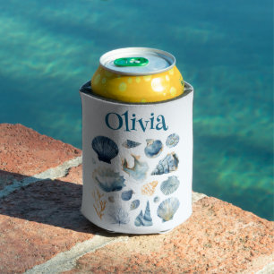 Blue Seashells Can Cooler Custom Name