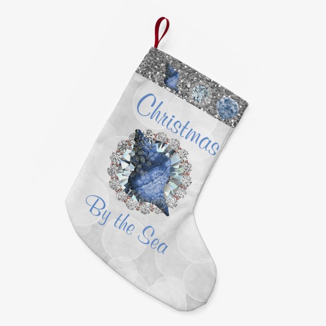 Blue Seashells Jewel Silver Bokeh & Faux Glitter Small Christmas Stocking (Front (Hanging))
