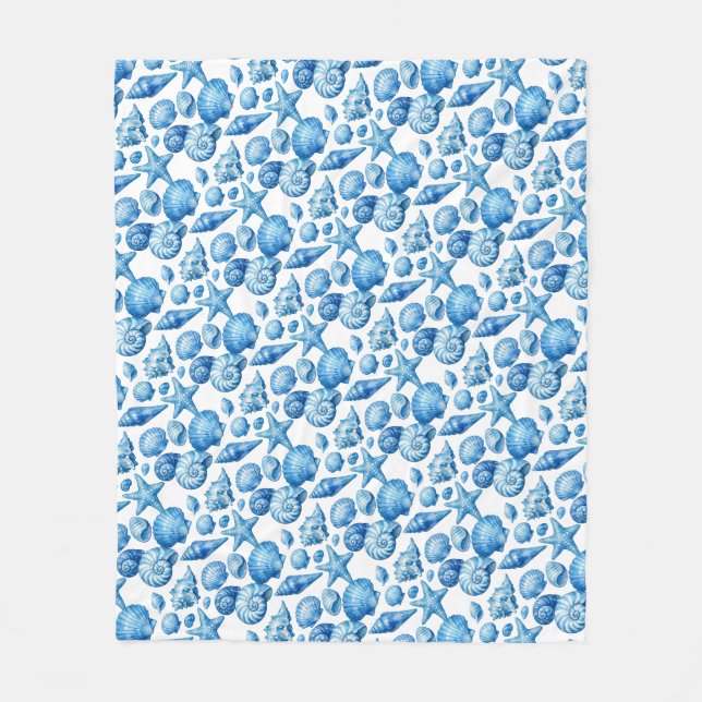 Blue Seashells. Nautical. Fleece Blanket (Front)