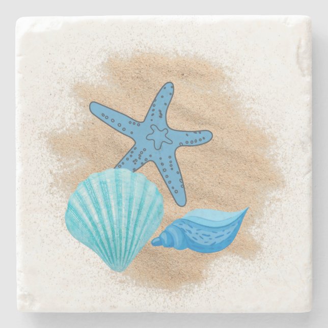 Blue Seashells on Beach Coasters (Front)