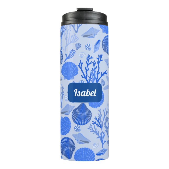 Blue Seashells Pattern CUSTOM Bridesmaid Gift Thermal Tumbler (Front)