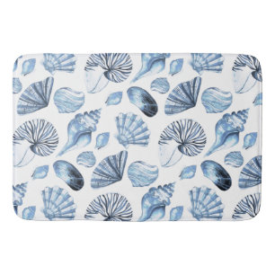 Blue Seashells Pattern on White Beach House Bath Mat
