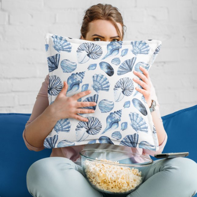 Blue Seashells Pattern on White Beach House Cushion (Creator Uploaded)