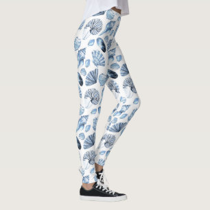 Blue Seashells Pattern on White Leggings