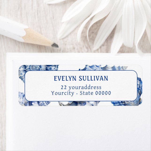 Blue seashells return address label (Insitu)