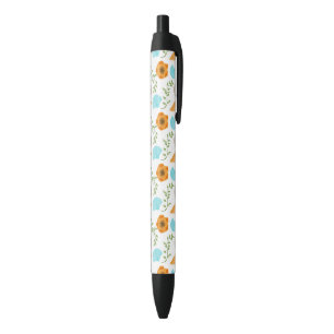 Blue Seashells Sea Snail Orange Flower Black Ink Pen