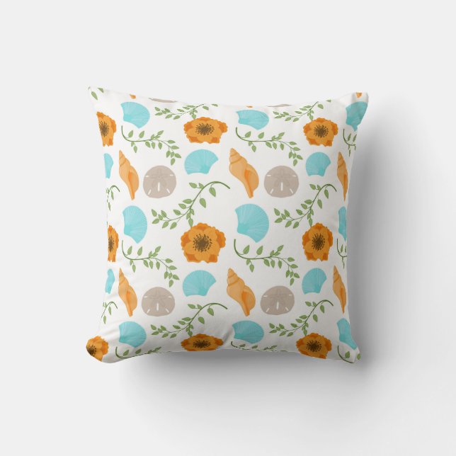 Blue Seashells Sea Snail Orange Flower Cushion (Front)
