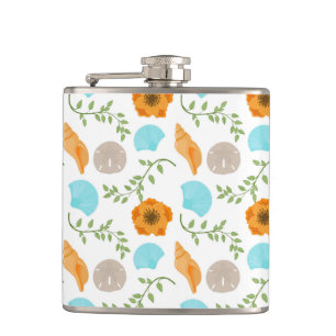 Blue Seashells Sea Snail Orange Flower Hip Flask