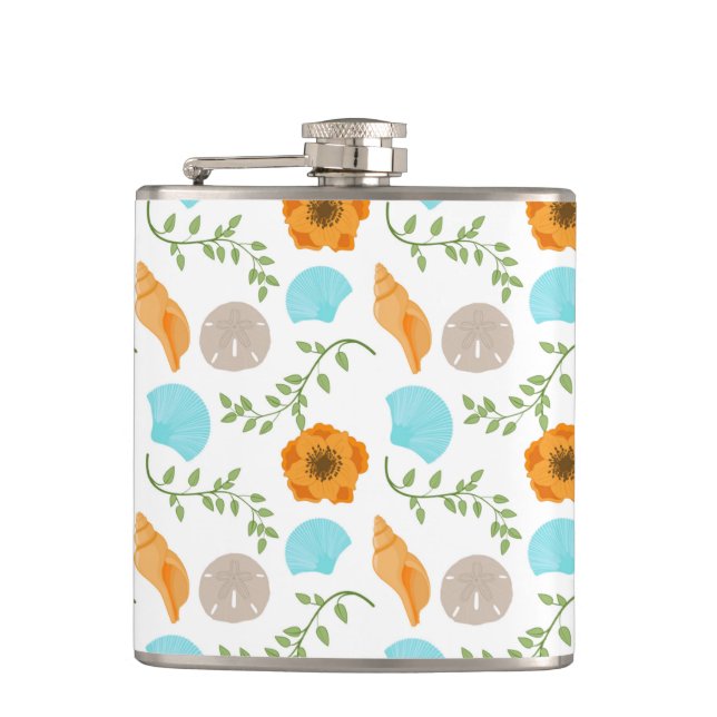 Blue Seashells Sea Snail Orange Flower Hip Flask (Front)
