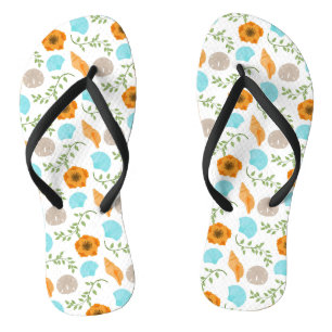 Blue Seashells Sea Snail Orange Flower Thongs