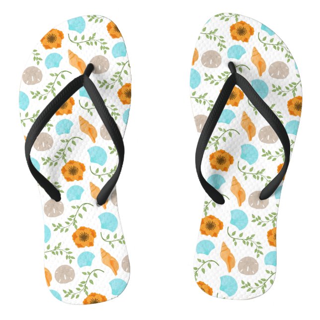 Blue Seashells Sea Snail Orange Flower Thongs (Footbed)