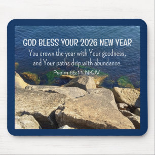Blue Seashore God Bless New Year 2026 Bible Verse Mouse Pad