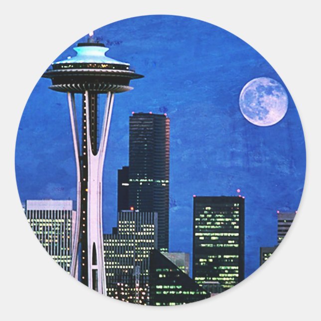 Blue Seattle Downtown Skyline Classic Round Sticker (Front)