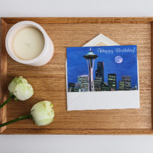 Blue Seattle Skyline Happy Birthday Card
