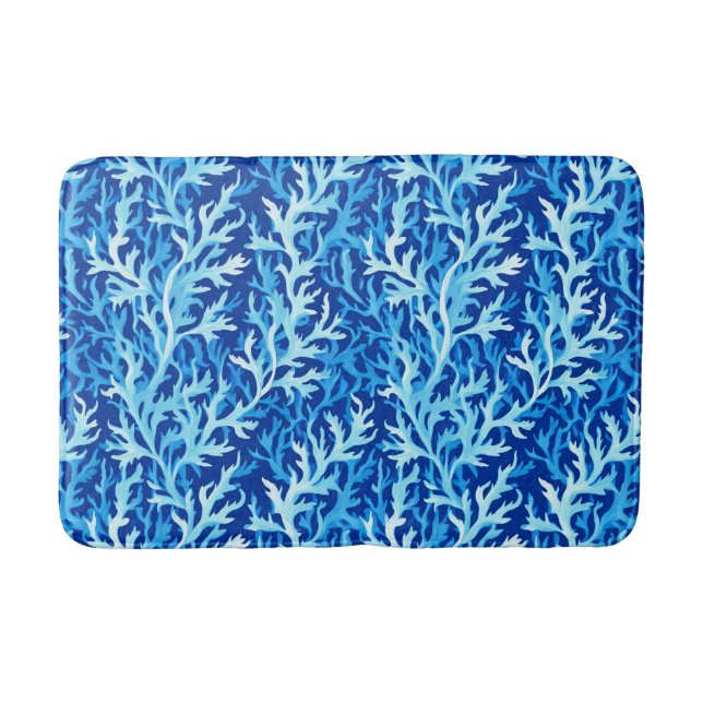 Blue Seaweed Coastal Textile Pattern Bath Mat (Front)