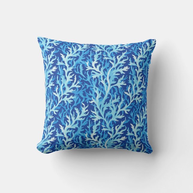 Blue Seaweed Coastal Textile Pattern Cushion (Front)