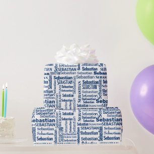 Blue Sebastian Name On White Wrapping Paper