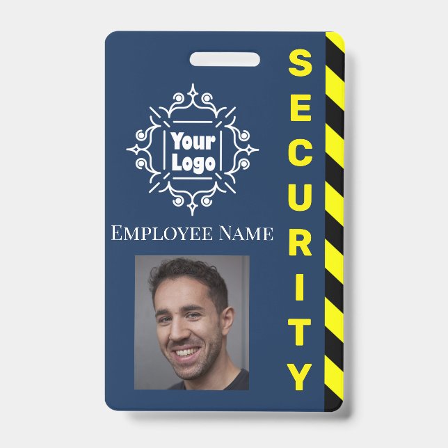 Blue Security Guard Employee ID Caution Yellow Badge (Front)
