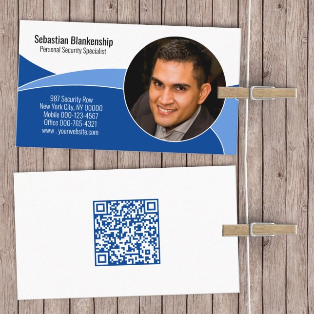 Blue Security Professional Custom Photo QR Code Business Card (Creator Uploaded)