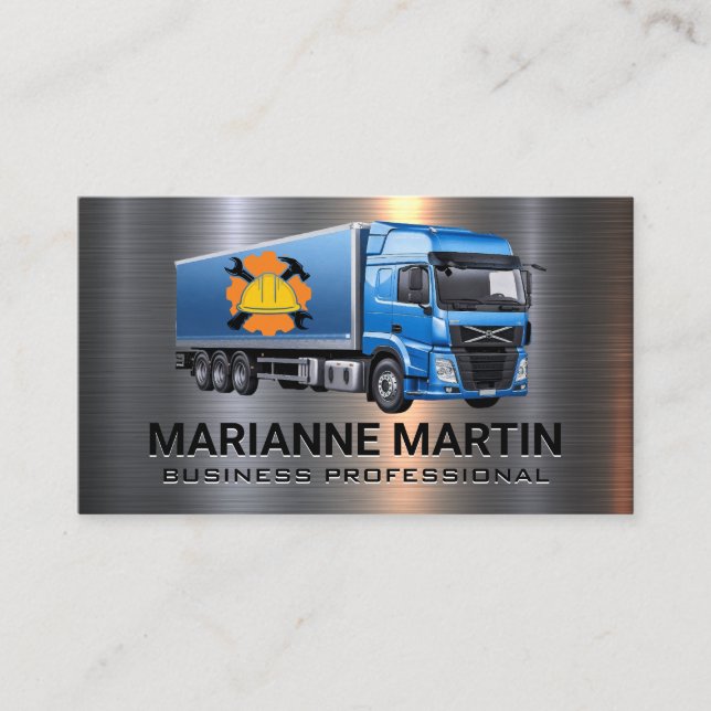 Blue Semi Truck | Construction Hard Hat | Tools Business Card (Front)